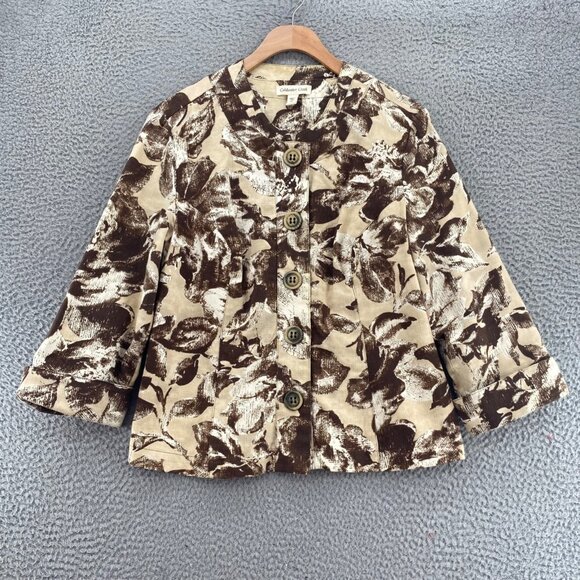 Coldwater Creek Jacket Womens 10 Brown Floral Linen Blend Button Up 3/4 Sleeve - Picture 1 of 9